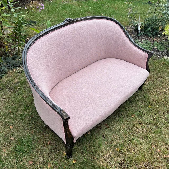 Mid 20th Century Vintage Blush Wood Frame Loveseat For Sale - Image 5 of 15