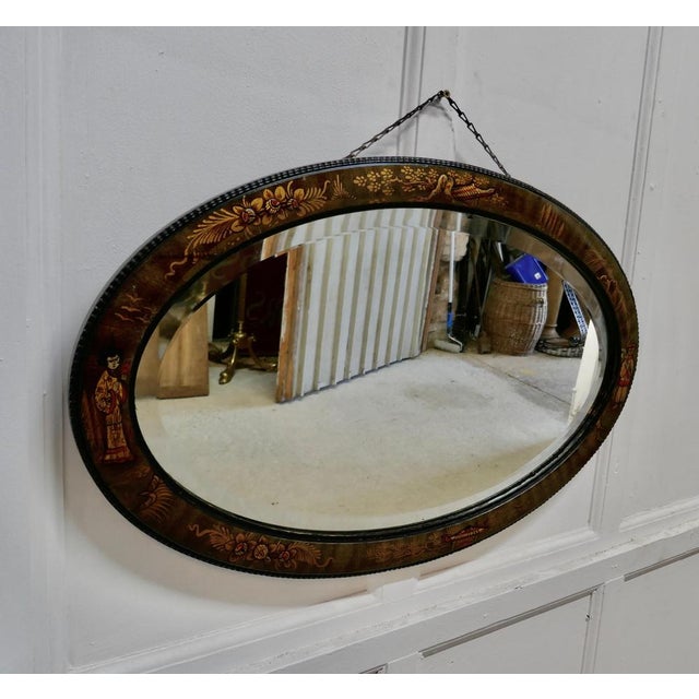Black Lacquer Chinoiserie Oval Wall Mirror, 1920s For Sale - Image 6 of 7