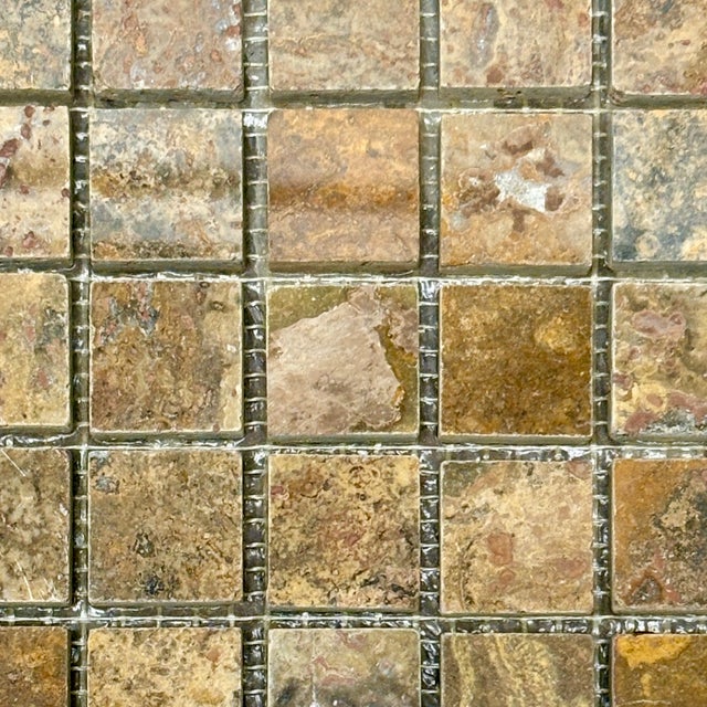 Polished and unfilled gold travertine 1" x 1" decorative mosaic tile. Suitable for use in vertical and horizontal...