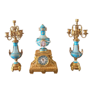 1900s French Sevres Porcelain Gilt Bronze Turquoise Mantel Clock Candelabra Set
