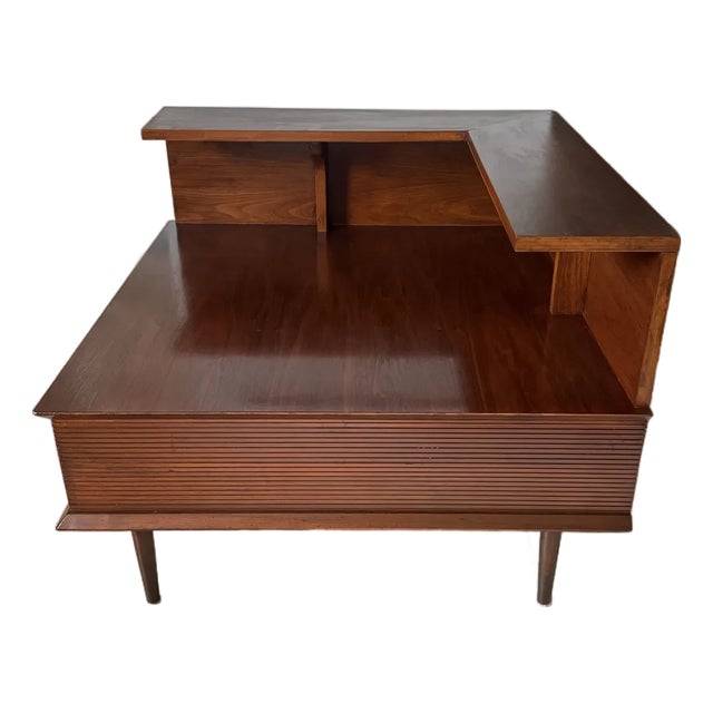 1960s Walnut Mid Century Modern Corner Step Table For Sale