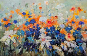 Original Acrylic Painting of a Garden With White Blue Red and Orange Flowers Sage Green Background