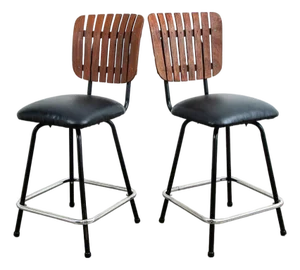 Mid Century Modern Bar Stools Set 2 Black Swivel Wood American Vintage Umanoff