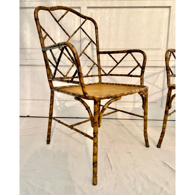 Brown Pair of Mid-20th Century Faux Bamboo Metal Indoor/Outdoor Armchairs With Burnt Bamboo Tortoiseshell Finish For Sale - Image 8 of 16