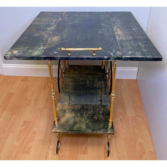 Aldo Tura Aldo Tura Green Lacquered Goatskin Bar Cart, Brass Two-Tier Folding Drinks Trolley, Italy 1960s For Sale - Image 4 of 17