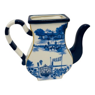 MacKenzie Childs Royal Toile Blue and Cream Ceramic Teapot Vase For Sale