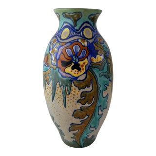 Antique 1922 PZH Gouda Cozuna Hand-Painted Floral Art Pottery Vase For Sale