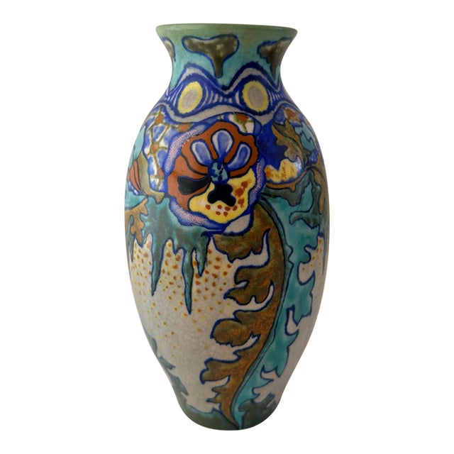 Antique 1922 PZH Gouda Cozuna Hand-Painted Floral Art Pottery Vase For Sale
