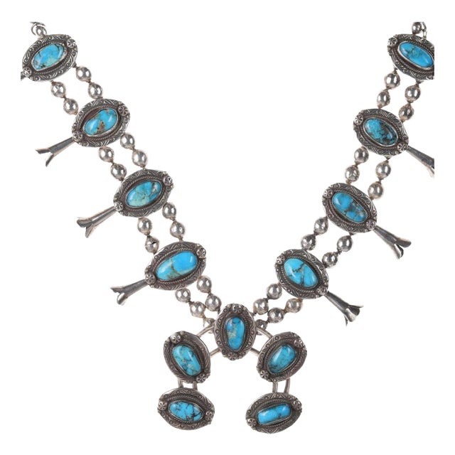 Vintage Native American Silver and Turquoise Squash Blossom Necklace For Sale