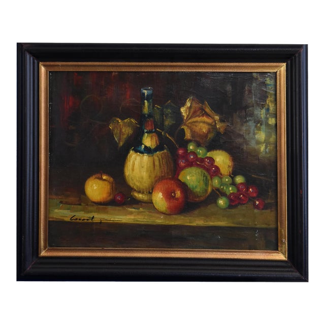 1990s Still Life With Chianti and Fruit, Oil on Canvas For Sale