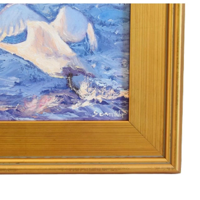 Blue Snow Goose Taking Flight Lake Oil Painting by Sean Wu Including Antiqued Gold Wood Frame For Sale - Image 8 of 10