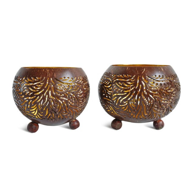 Coconut Carved Candle Bowl For Sale - Image 4 of 6