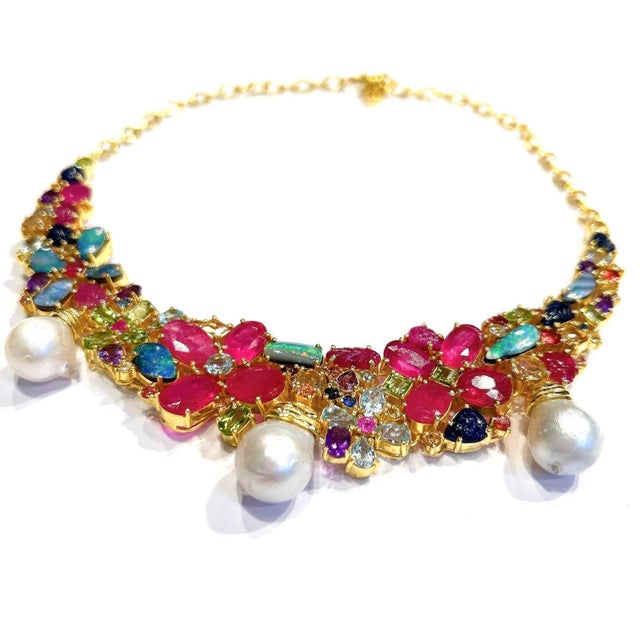 Bochic "Capri" Vintage Ruby, Amethyst, Sapphire & Pearl Necklace 18K Gold & Silver For Sale - Image 4 of 18