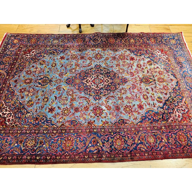 Early 20th Century Persian Kashan Rug, Handwoven Floral Pattern, Turquoise & Red, 6’ X 9’ For Sale - Image 4 of 12