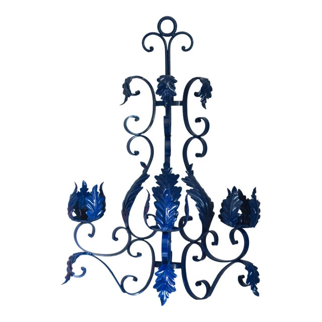 1960s Vintage Outdoor Porch Bretaine Navy Blue Reticulated Candelabra Candle Sconce For Sale