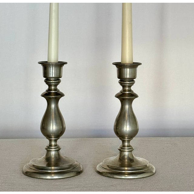 Vintage Pewter Nantucket Style Candlesticks, pair, 8 h x 4.5": dia