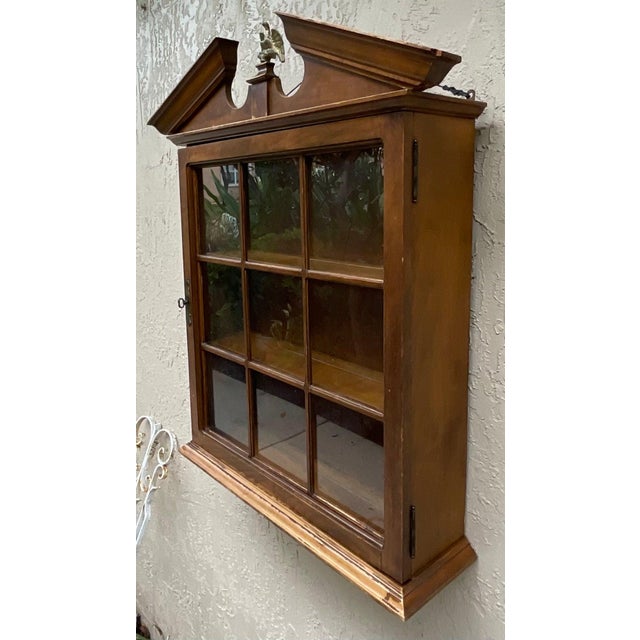 American Vintage Solid Wood Hanging Wall Cabinet / Curio & Brass Eagle Finial For Sale - Image 3 of 17