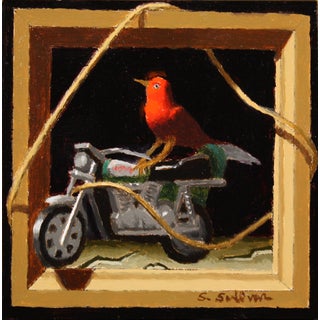 Double Dutch by Shawn Sullivan | Oil on panel Bird on a motorcycle within a framed setting For Sale