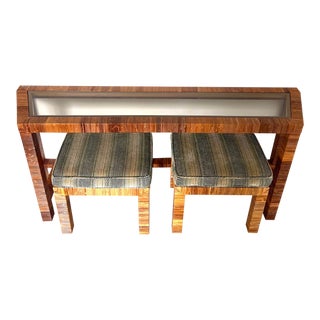 Bielecky Brothers Original Cane Rattan Console Table With Matching Cane Stools For Sale