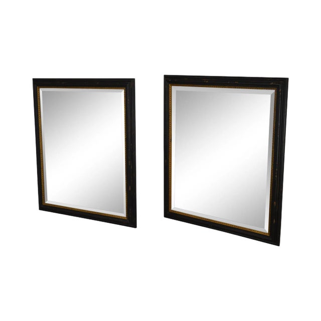 Regency Style Distressed Black & Gold Frame Rectangular Beveled Mirrors - a Pair For Sale