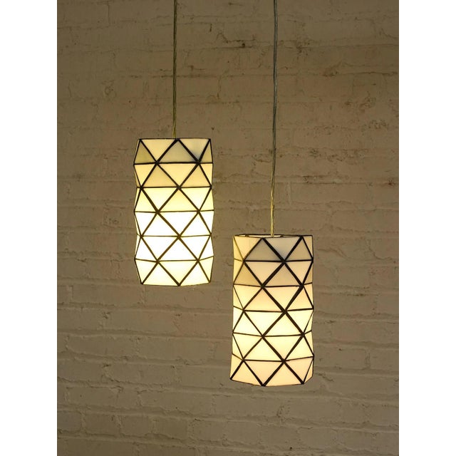 Mid-Century Modern Vintage Geometric Stained Glass Hanging Pendant Lights - a Pair For Sale - Image 3 of 5