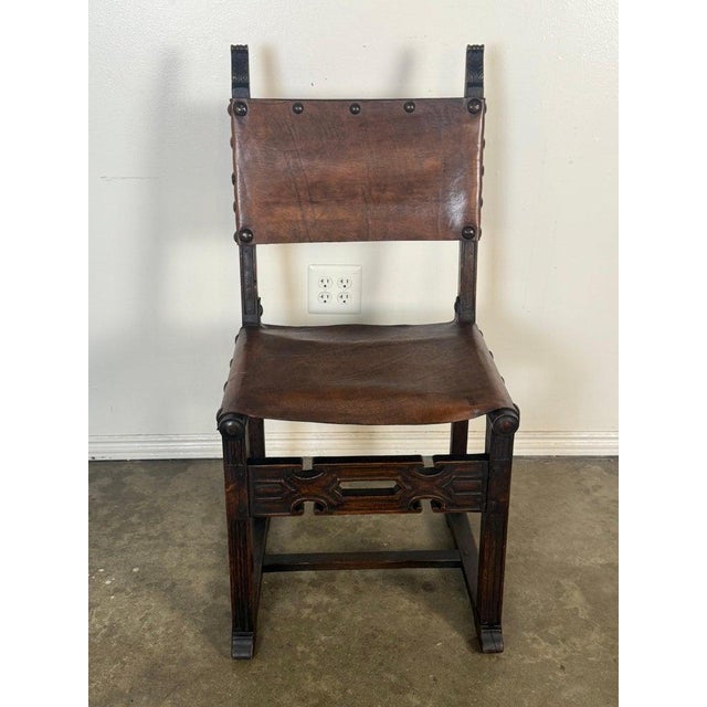 Set of Six Spanish Revival Leather and Carved Wood Armchairs For Sale - Image 10 of 17
