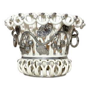 Rare Antique Handmade Silverplate Glazed Porcelain Pottery Centerpiece Bowl
