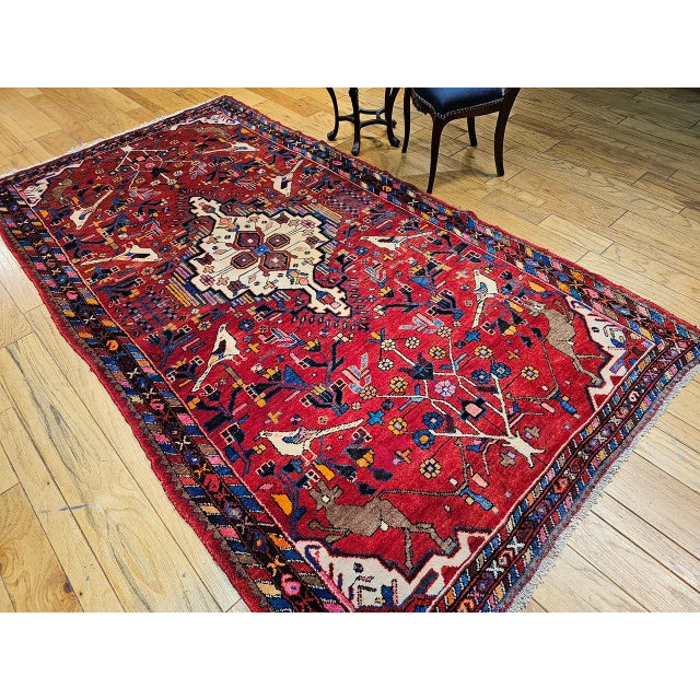 1900 - 1909 Vintage Hamadan Gallery Area Rug, Hand-Knotted Wool, Tribal Bird Pattern, 6x10, Red & Navy For Sale - Image 5 of 18