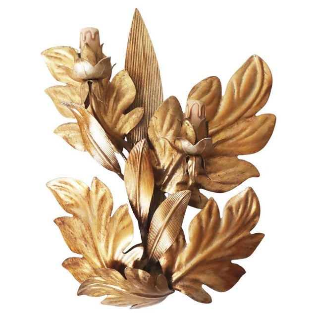 Hollywood Regency Palm Leaf Wall Lamp in Gold Leaf Metal, 1960s For Sale - Image 12 of 12