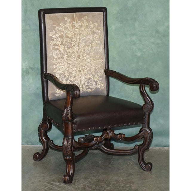 Antique Victorian Carolean Mahogany and Leather Throne Armchairs, 1880, Set of 2 For Sale - Image 3 of 18