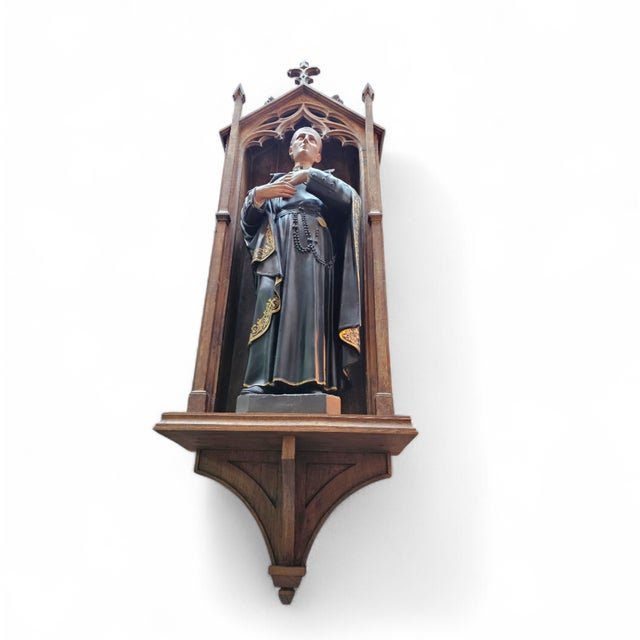 Statue of Patron Saint Gerard Majella in a Gothic Niche, 1950s, Wood & Plaster For Sale - Image 3 of 9