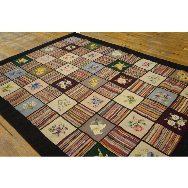 American 1930s Multicolor Geometric Folk Art American Hooked Rug 6' X 8'4" Handknotted Wool Carpet For Sale - Image 3 of 11
