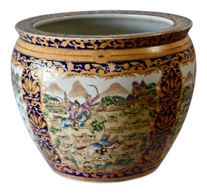 Chinese Export Koi Fish Bowl Jardiniere Planter Fox Hunting Scene