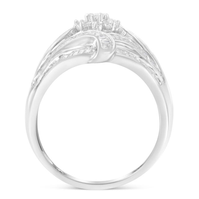 Contemporary .925 Sterling Silver 1-1/8 Cttw Round & Baguette Diamond 'Flower & Fern' Cluster Cocktail Fashion Ring (I-J Color, I2-I3 Clarity) - Size 6 For Sale - Image 3 of 7