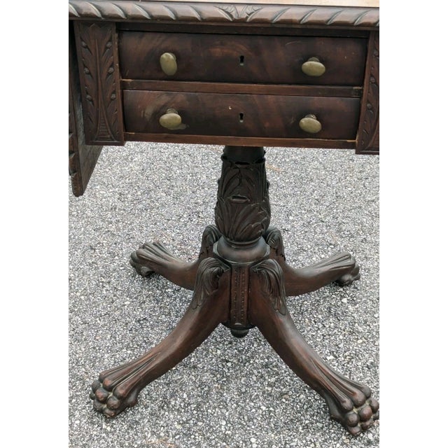 Wood Antique Empire Sewing Work Table by Hersee Furniture Flame Mahogany Drop Leaf For Sale - Image 7 of 13