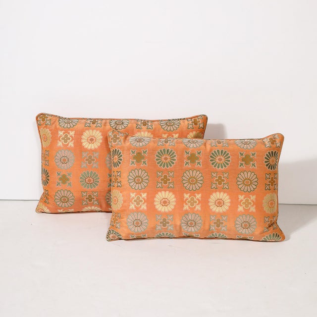 Modern Pair of Silk & Down Stuffed Pillows in Orange & Emerald Green Eastern Patterning For Sale - Image 3 of 10