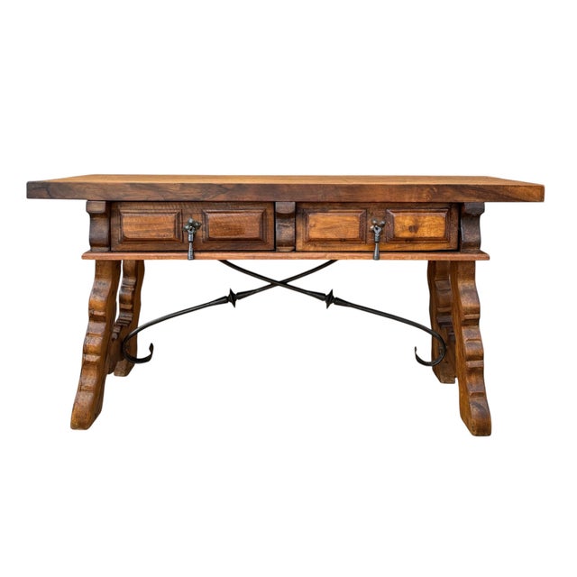 Low Rustic Oak Table with Drawers and Iron Stretcher, 1940 For Sale - Image 11 of 11