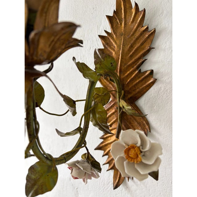Metal 19th Century Italian Tole and Porcelain Roses Polychrome Sconces Vibrant For Sale - Image 7 of 7