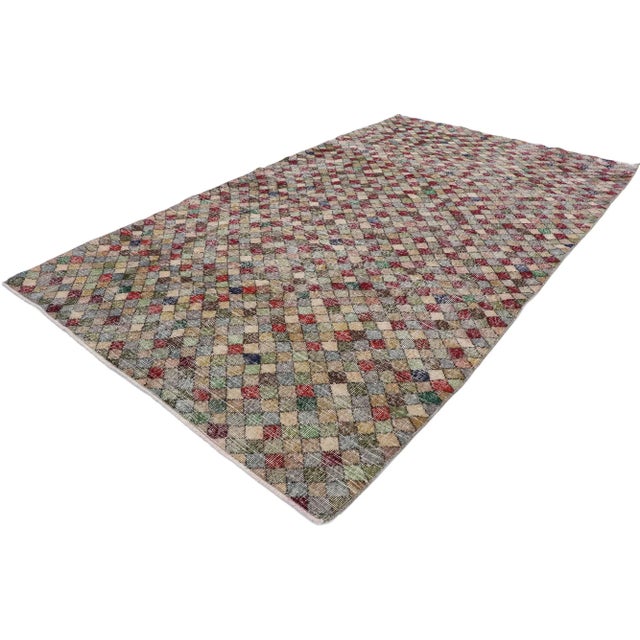 distressed vintage Turkish Sivas rug with Rustic Mid-Century Modern style. This hand knotted wool distressed vintage...