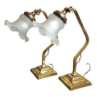 Art Nouveau Brass Lamps with Tulip Lampshades, 1930s, Set of 2 For Sale
