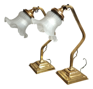 Art Nouveau Brass Lamps with Tulip Lampshades, 1930s, Set of 2