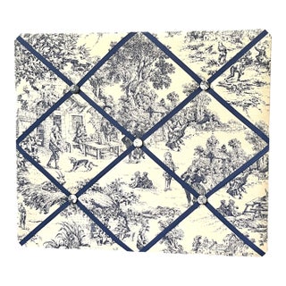 Custom Upholstered Blue and White Toile French Memory Board Bulletin Board With Navy Grosgrain Ribbon For Sale