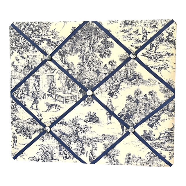 Custom Upholstered Blue and White Toile French Memory Board Bulletin Board With Navy Grosgrain Ribbon For Sale