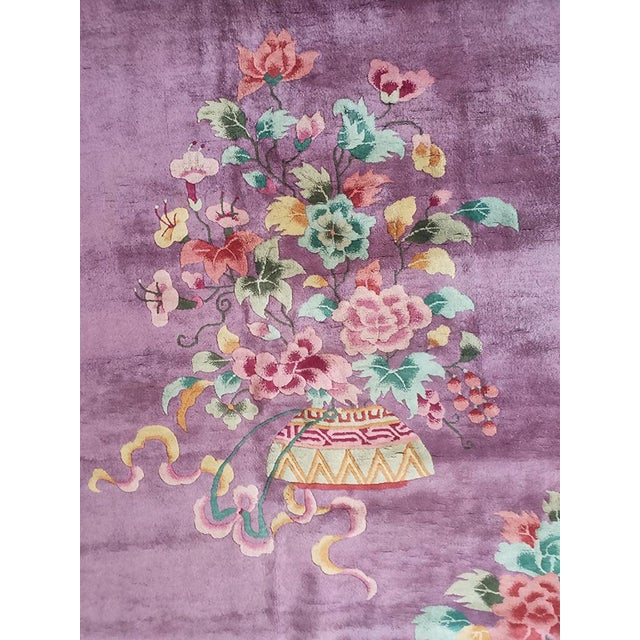 Art Deco Rectangle Purple 1920s Antique Room Size Chinese Wool Art Deco Knotted Rug For Sale - Image 3 of 9