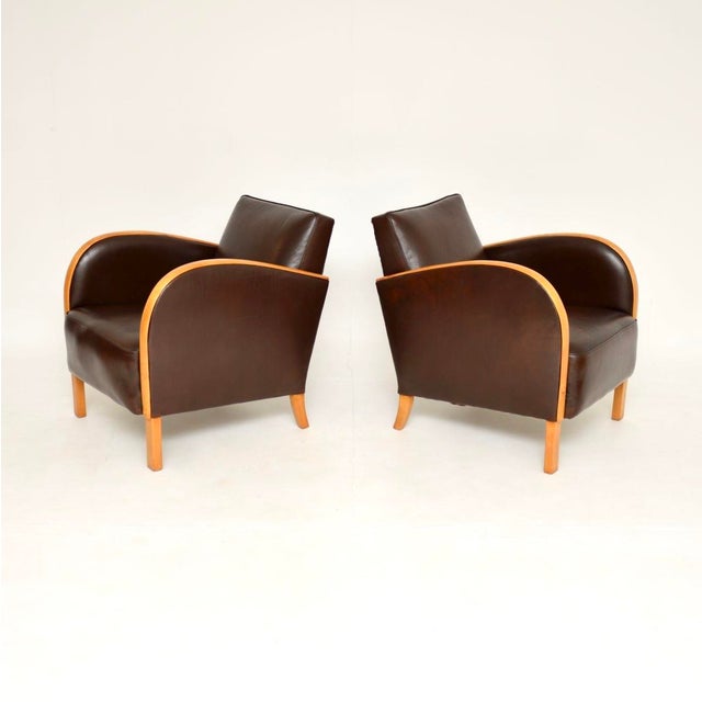 Art Deco Swedish Armchairs in Satin Birch and Leather, 1930, Set of 2 For Sale - Image 4 of 13