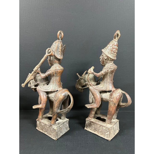Pair of African Tribal Art Benin Bronze Warrior Figures on Horseback For Sale - Image 14 of 16
