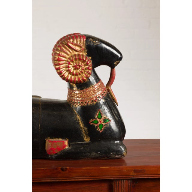 Vintage Northern Thai Double Ram Painted Sculpture with Gilt and Jewelry Motifs For Sale - Image 12 of 13