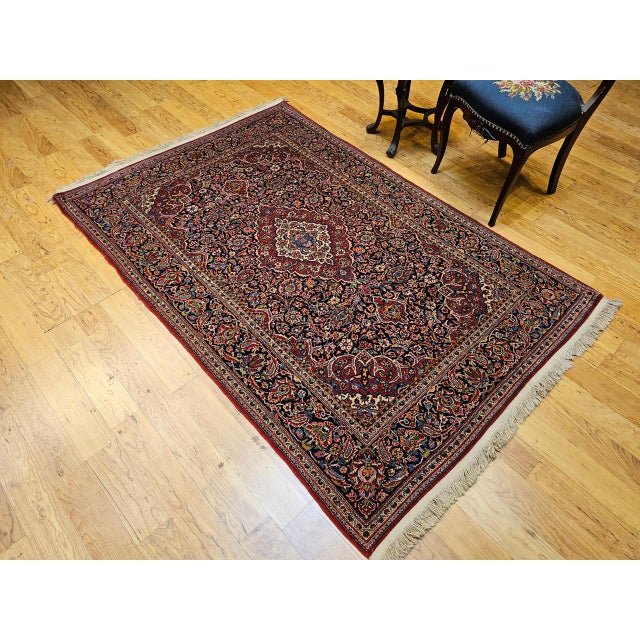 Persian Vintage Persian Kashan Area Rug, Hand-Knotted Wool, Floral Pattern, Navy & Red, 5x7 For Sale - Image 3 of 16