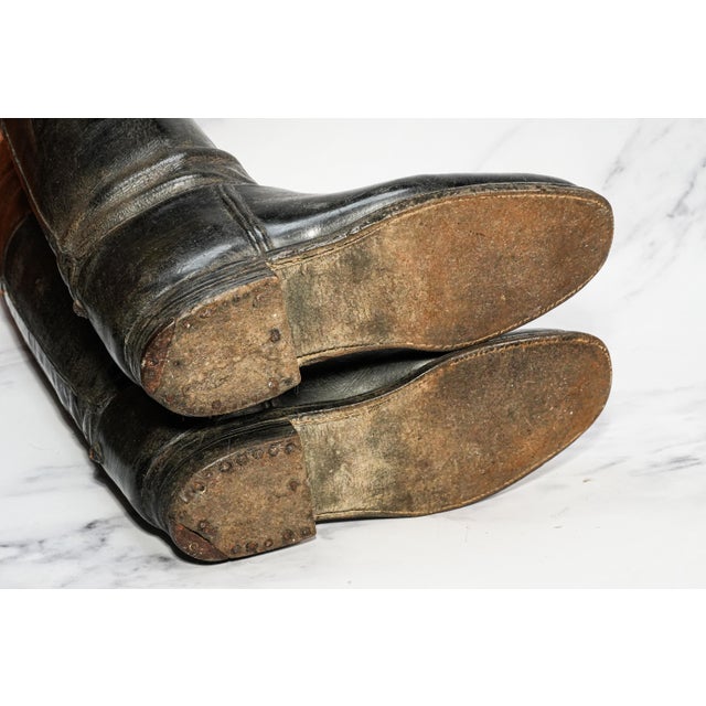 Black Authentic Brown & Black Antique English Leather Riding Boots Wood Tree Forms Horse Equestrian Country Home Decor Prop For Sale - Image 8 of 9