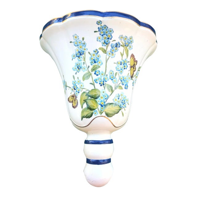 Vintage Ceramic Navy Cream Floral Chelsea House Style Large Wall Pocket Sconce For Sale